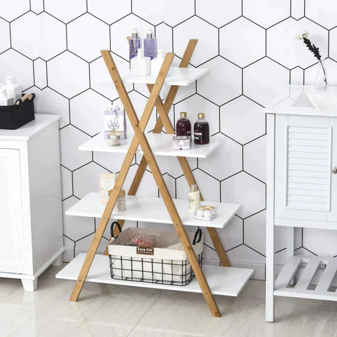 Rootz Bathroom Shelf - Staircase Shelf - Ladder Shelf - Natural/White - 80 x 33 x 109 cm