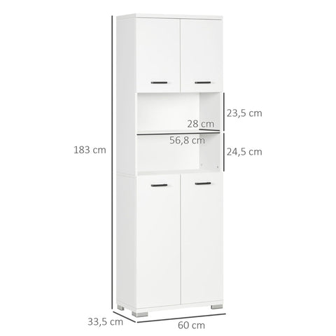 Rootz Bathroom Cabinet - With 2 Cupboards - 2 Shelves - Water-repellent Surface - White - 60 cm x 33.5 cm x 183 cm