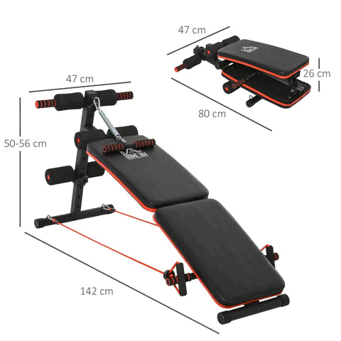 Rootz Sit-Up-Bank – Bauchtrainer – Trainingsbank – Trainingsseile – verstellbar und faltbar – Schwarz/Rot – 137 x 51 x 50–66 cm