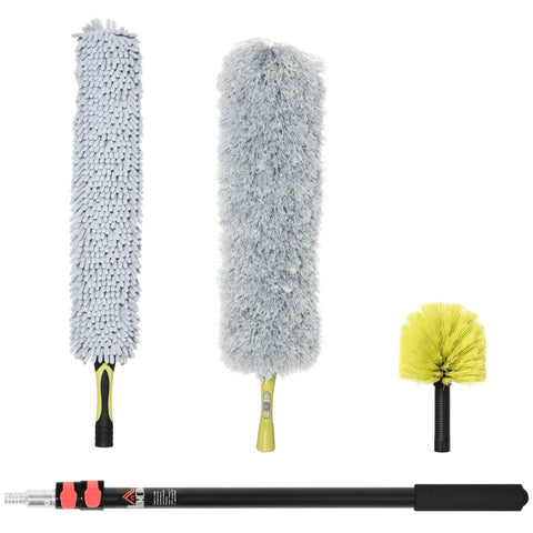 Rootz Duster Set - Three Attachments - Extendable Telescopic Rod - Polyester + Microfibre + Aluminium - Yellow + Grey - 4 x 4 x 180 cm