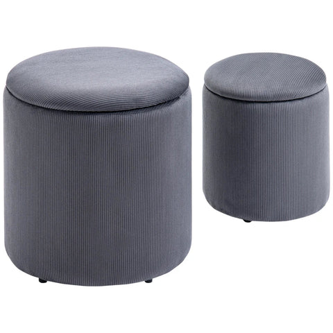 Rootz Stool Ottoman - Set Of Two - With Storage Space - Soft Padding - Cover In Corduroy Look - Grey - 40 x 40 x 41cm