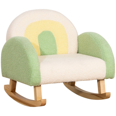Rootz Rocking Chair for Toddlers - Cute Design - Imitation Sheepskin - Eucalyptus Wood Green + Yellow Beige - 50L x 45W x 50H cm