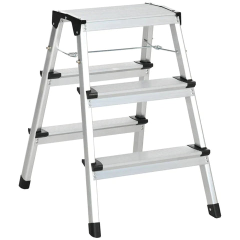 Rootz Stepladder Folding Step - Foldable - Wide Rungs - Non-slip - Lightweight Construction - Aluminum + Steel - Silver - 44 x 62.5 x 60.5cm