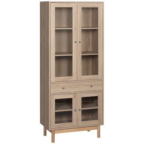 Rootz Kitchen Cabinet - Display Cabinet - 5 Storage Compartments - Drawer - Glass Door - Anti-tipper - Wood - Oak - 76 x 40 x 183 cm