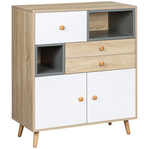 Rootz Sideboard - Sideboard Storage Cabinet - Sideboard In Scandi Design - 2 Drawers - 2 Shelves - 3 Cabinets - White + Natural + Grey - 80 cm x 40 cm x 95.6 cm