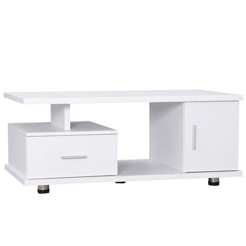 Rootz Couchtisch – 1 Schublade, 1 Schrank – 3 Regale – Weiß + Silber – 100 cm x 50 cm x 42 cm