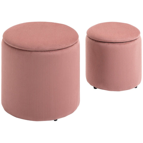 Rootz Stool Ottoman - Set Of Two - With Storage Space - Soft Padding - Cover In Corduroy Look - Pink - 40 x 40 x 41cm