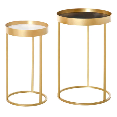 Rootz Side Table - Set of 2 Nesting Coffee Tables with Gold Metal Base - Round Side Table with Embedded Tabletop - Living Room - Bedroom - Gold - 39 cm x 39 cm x 63 cm