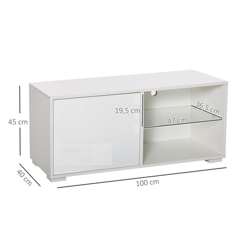 Rootz TV Furniture - Drawers - 2 Open Shelves - Storage Compartment - 100 x 40 x 45 cm - Processed Wood - Glass - White