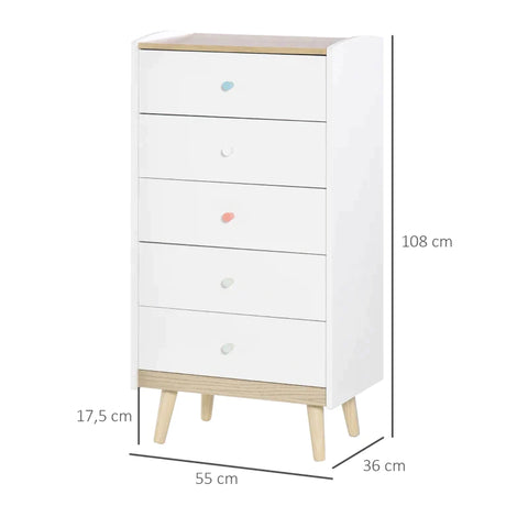 Rootz Children's Cabinet - Children's Chest Of Drawers With 5 Drawers - Children's Cabinet With Anti-tipping Device - White - 55 x 36 x 108 cm