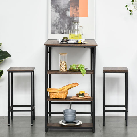 Rootz Bar Table Set - 2 Bar Stools - 3 Shelves - 3-Part - Brown - Black - Processed Wood - Steel