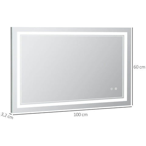 Rootz Bathroom Mirror With Led Lighting - Memory Function - Touch Switch - Splash-proof - Aluminum Alloy - Silver - 100L x 60W x 3.2H cm
