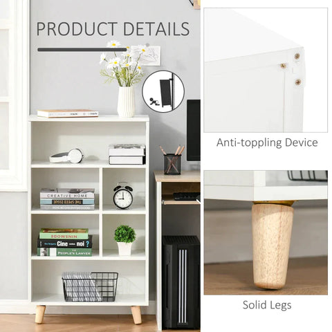 Rootz Bookcase - Modern Bookshelf - Bookcase with 6 Compartments - Home - Office - Living Room - White - 60 cm x 30 cm x 103.3 cm