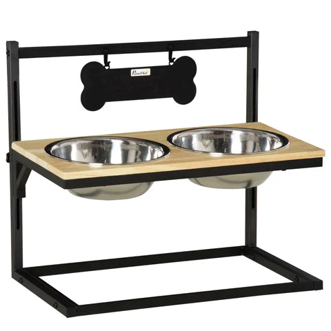 Rootz Raised Dog Bowl - Double Bowl Feeder with Steel Bowls - Pet Bowl - Height Adjustable - Pinewood - Black - 58 x 32 x 50 cm