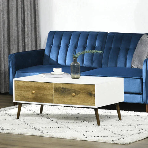 Rootz Coffee Table - Coffee Table With Two Drawers - Side Table - Storage Cabinet - Scandinavian-style - White/Brown - 100 cm x 53.5 cm x 45 cm