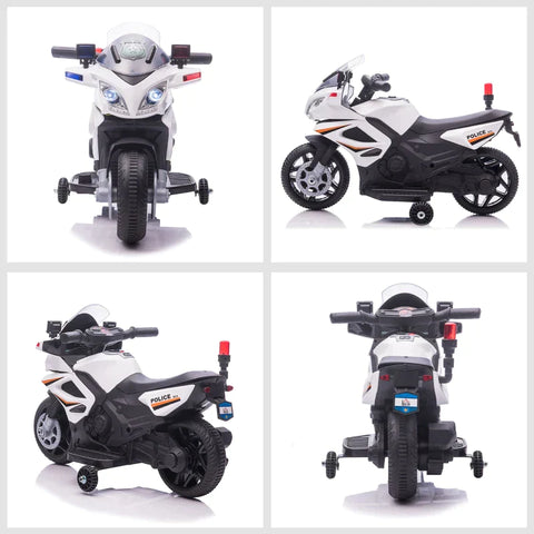 Rootz Children's Police Electric Motorcycle -  Police Motorcycle - Electric Car Stroller - Police Lights - Electric Quad - White/Black - 69 x 39 x 43 cm