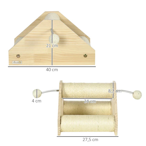 Rootz Scratching Post With Integrated Toy - Including 2 Balls With Springs - Cat Toy - Pine Wood - Natural + Cream White - 40 cm x 27.5 cm x 21 cm