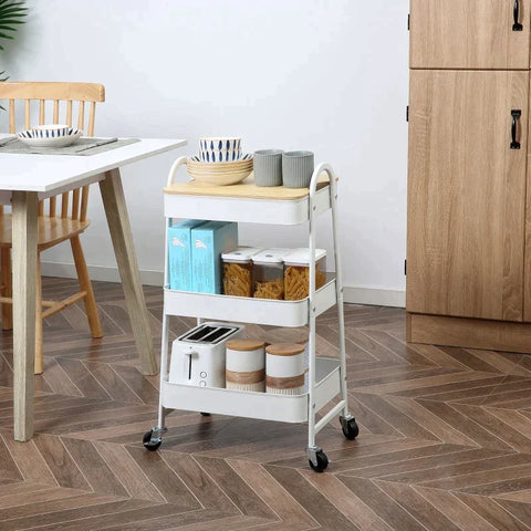 Rootz Kitchen Trolley - Trolley - 3 Shelves Trolley - With 3 Basket Shelves - Steel/PP Plastic - White - 45 x 31 x 79.4 cm