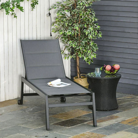 Rootz Sun Lounger - Garden Lounger - Relaxation Lounger - 5-level Adjustable Backrest - Balcony - Garden - Steel - Text Line Foam - Grey - 168 x 72 x 102 cm