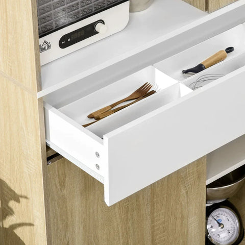 Rootz Kitchen Cabinet - Buffet Cabinet - 3 Adjustable Shelves - Drawer - White + Wood - 89 x 39.6 x 180 cm