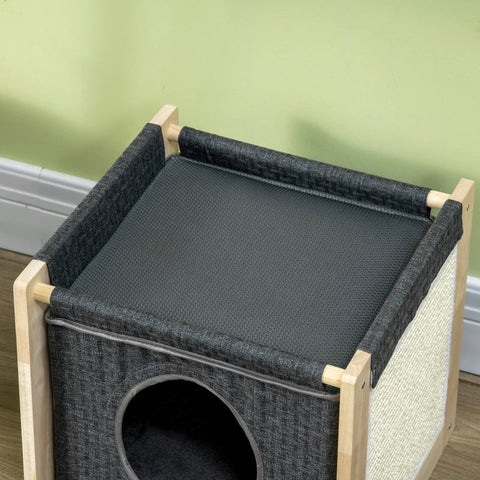 Rootz Cat House - Cat Cave - 2 Tier Cat Cave - 1 Cushion - 1 Scratch Pad - Dark Gray/Natural - 40cm x 40cm x 40.5cm