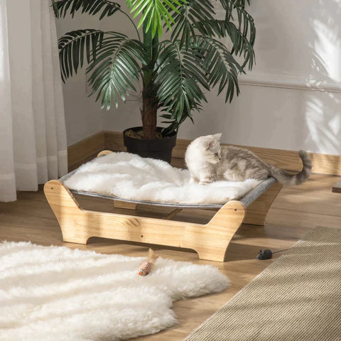 Rootz Cat Bed - Cat Bed With Frame - Hammock For Cats - Elevated Cat Nest With Soft Pillow - Natural - Pine Wood - 68 x 43 x 20 cm