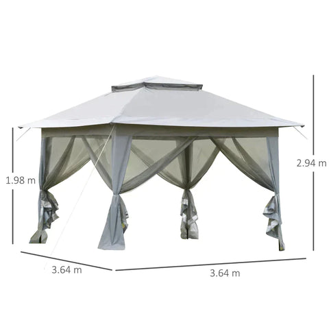 Rootz Pop Up Gazebo - Pop Up Tent - Gazebo - Party Tent - With Netting And Carry Bag - Height Adjustable - Steel/Oxford/Mesh Fabric - Light Grey/Black - 3.64x3.64x2.94m
