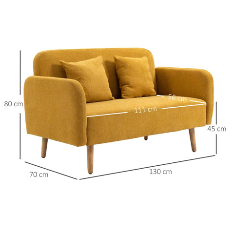 Rootz Double Sofa - Upholstery With Cushions - Compact Design - Two-seater - Adjustable Height Of The Footrests - Velvety Polyester - Rubber Wood - Foam - Yellow + Natural - 130 x 70 x 80 cm