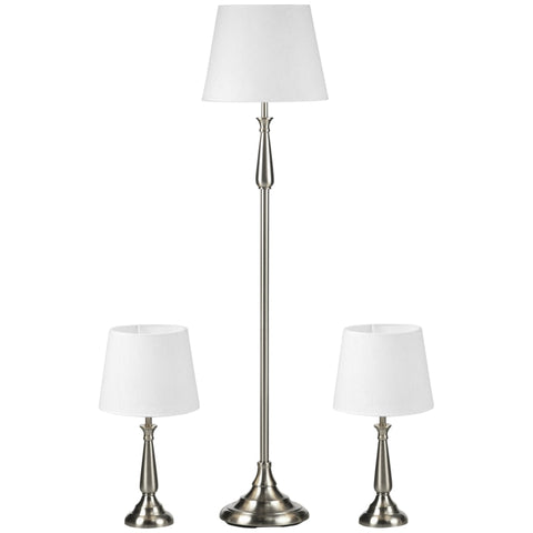 Rootz Stehlampe – Nachttischlampe – 3-teiliges Vintage-Design-Lampenset – 2 Tischlampen – 1 Stehlampe – Silber/Weiß – 35,5 cm x 35,5 cm x 146 cm