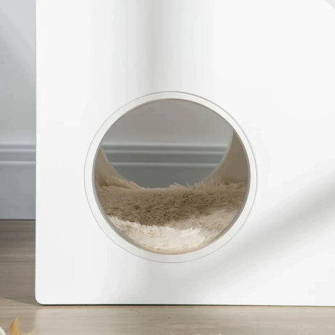 Rootz Pet Stairs - 3 Tier Dog Ramp - Cat Stairs - Dog Stairs - With Sleeping Cave - 3 Rugs - With Non-slip Carpet - White - 60 x 43 x 51 cm