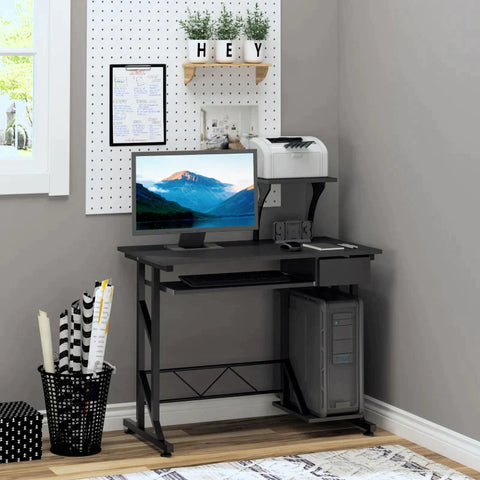 Rootz Computer Desk - Work Table With Shelves And Drawers - Office Table - Study Table - Sliding Keyboard Tray - Office - Home - Black - 90 x 50 x 95 cm