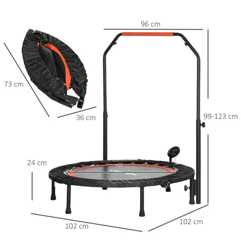 Rootz Mini Trampoline - With Height-adjustable Handle - LCD Monitor - Steel - Black + Red - Ø102 x 99-123cm