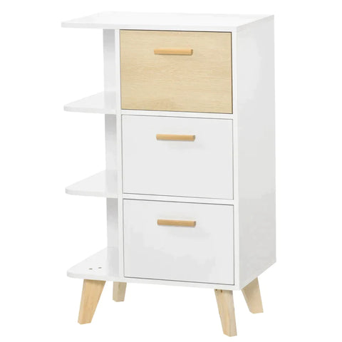 Rootz Storage Cabinet - Sideboard Chest Of Drawers Cabinet With 3 Open Shelves Drawers - Multi-purpose Cabinet For Living Room Bedroom - White + Natural - 60 x 40 x 100 cm