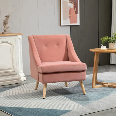 Rootz Armchair - Dining Chair - Accent Armchair - Scandinavian Design - Velvet Look - Rubber Wood - Pink + Natural - 69L x 76W x 87.5H cm