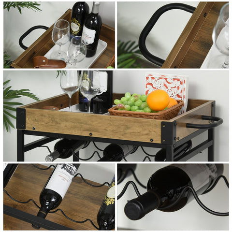 Rootz Keukentrolley - Serveerwagen - Keukentrolley - Wijnrek - Glashouder - Rem - Op wielen - Metaal - Bruin - Zwart