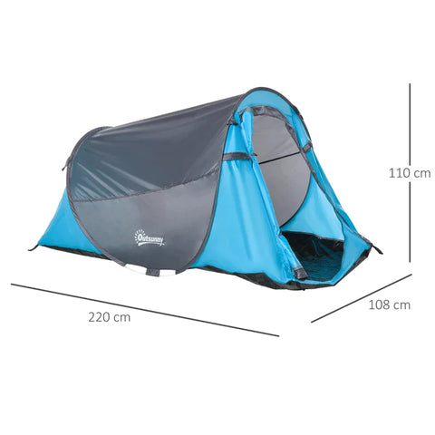 Rootz Camping Tent - Pop up Tent for 1-2 Person - Camping Tent for 3 Seasons - Polyester - Glass Fiber - Blue/Grey - 220 x 108 x 110 cm