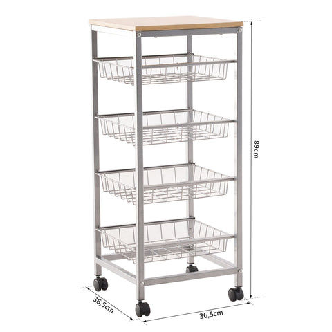 Rootz Kitchen trolley - Kitchen trolley - Serving trolley - 4-layer - Wire baskets - 36.5 x 36.5 x 89 cm - Steel - MDF -