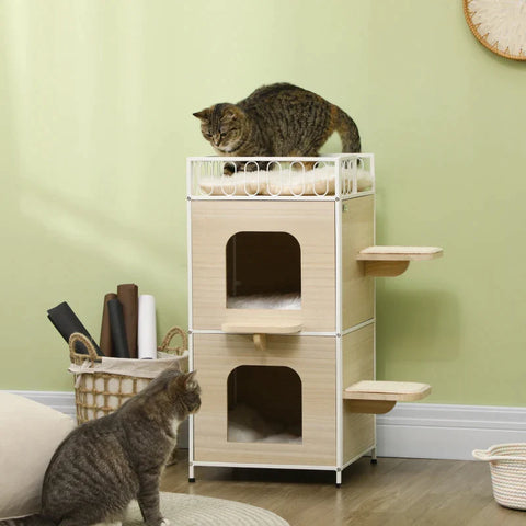 Rootz Cat House - 2 Caves - 2 Platforms - 1 Cat Bed - Washable Cushions - Scratching Mats - Mdf And Steel - Natural + White - 40L x 40W x 84H cm