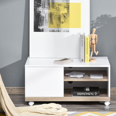 Rootz TV Furniture - On Wheels - 2 Open Shelves - Storage Compartment - Natural Color - White - 80 x 45 x 39.5 cm