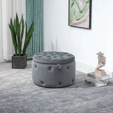 Rootz Stool - Round - With Storage Compartment - Quilted Design With Buttons - Cover In Velvet Look - Gray - 60 x 60 x 40cm