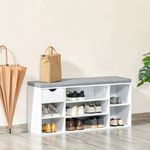 Rootz Shoe Bench - Shoe Storage Bench - Shoe Bench With Cushion - 7 Compartments - Adjustable Shelves - White/Grey - 101 cm x 29 cm x 47.5 cm