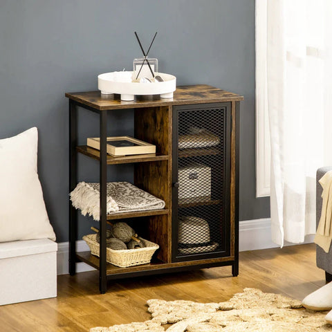 Rootz Storage Cabinet - Sideboard - Industrial Design Sideboard - With 3 Shelves - 1 Cupboard - Black/Brown - 60 cm x 32 cm x 70 cm
