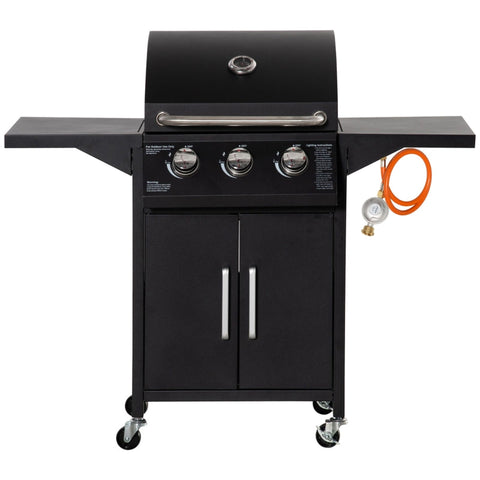 Rootz Gas Grill - BBQ With 3 Burners - Mobile Grill Trolley With 4 Wheels - Grill Net - Side Tables - Pressure Reducer - Hoses Cabinet - Multifunction - Steel - Black - 121 x 55 x 109 cm