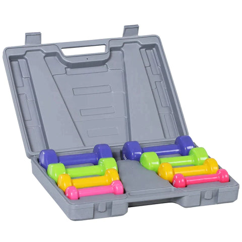 Rootz Dumbbell Set - 4 Pairs Of Dumbbells With Case - Iron + Plastic - Red + Yellow + Green + Purple - 41L x 30W x 8H cm