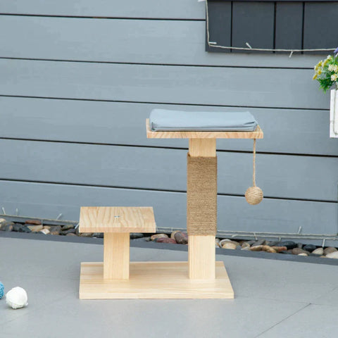 Rootz Wooden Scratching Post - Cat Tree - Climbing Tree With Jute - Cat Furniture - Scratching Board With Cushion - 2 Platforms - Stable Cat Toy - Natural - 40 x 40 x 43 cm