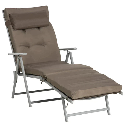 Rootz Garden Lounger - Sun Lounger - Beach Lounger - Foldable - Adjustable - With Cushion - Metal/Fabric - Brown/Silver - 137 x 63.5 x 100.5 cm