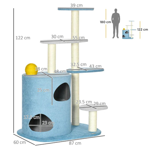 Rootz Scratching Post - Cat Tree - Cat House - With Scratching Barrel - And Scratching Ball - Blue/Gray/Yellow - 87 cm x 60 cm x 122 cm