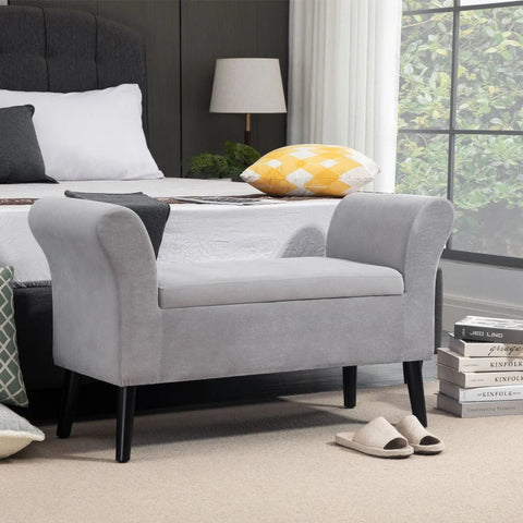 Rootz Bench - Upholstered Bench With Storage Space - Armrests Chest Bench - Modern Hallway - Bedroom - Living Room - Polyester - Rubber - Wood - Light Grey - 111.5 x 41 x 65 cm