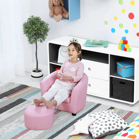 Rootz Kids Armchair - Mini Armchair - Children's Room Sofa - Children's Sofa - Children's Furniture - Armchair With Footstool - Pink
