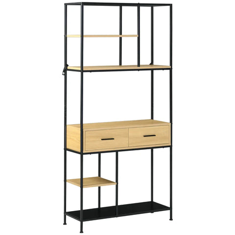Rootz Wall Shelf Bookcase - 2 Drawers - 4 Shelves - Multiple Shelves - Study Rooms - Flexible Design - Industrial Design - Chipboard - Natural + Black - 80L x 30W x 170.5Hcm